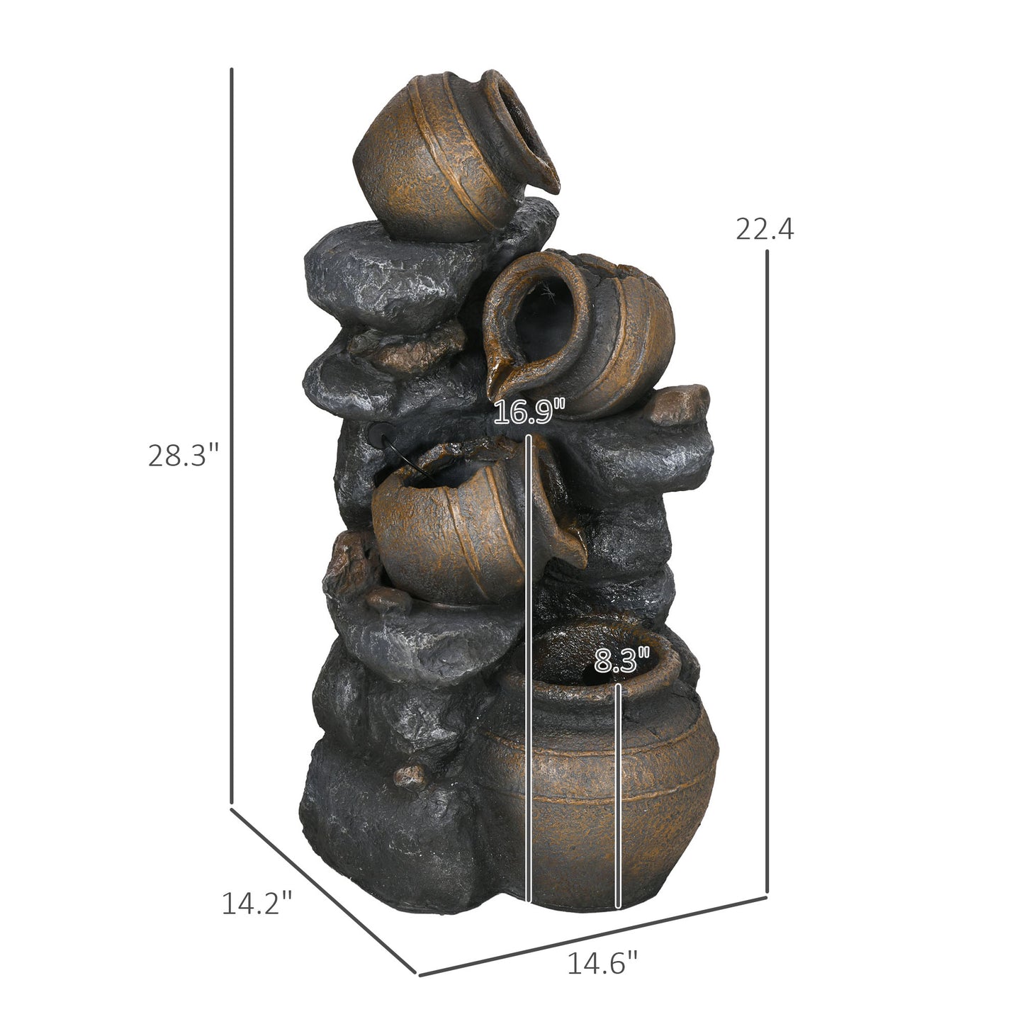 28.3-Inch Solar Water Fountain with LED Lights, 4-Tier Resin Cascading Jars Garden Decor