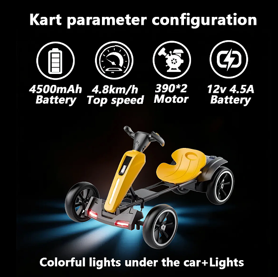 12V Electric Kids Pedal Go Kart with Adjustable Seat - Yellow
