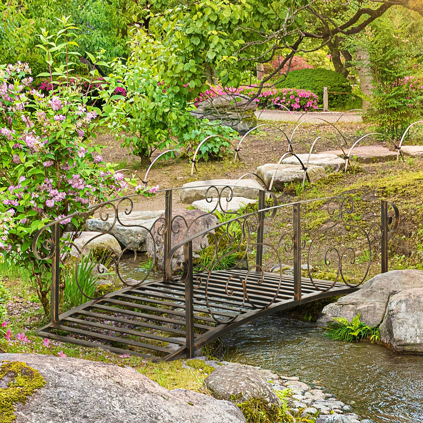Metal Garden Bridge with Safety Siderails - Bronze Arc Footbridge for Pond and Creek