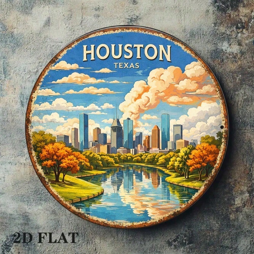 Vintage Houston Texas Cityscape Round Wall Sign - 8x8in