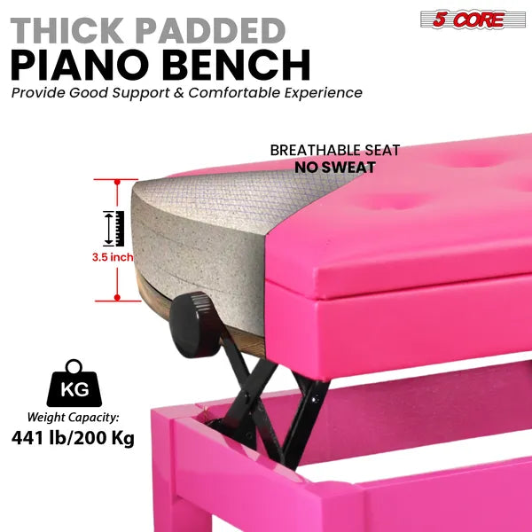 Padded Adjustable Piano Bench - 3.5 Inch Cushioned Stool with Storage - Cherry