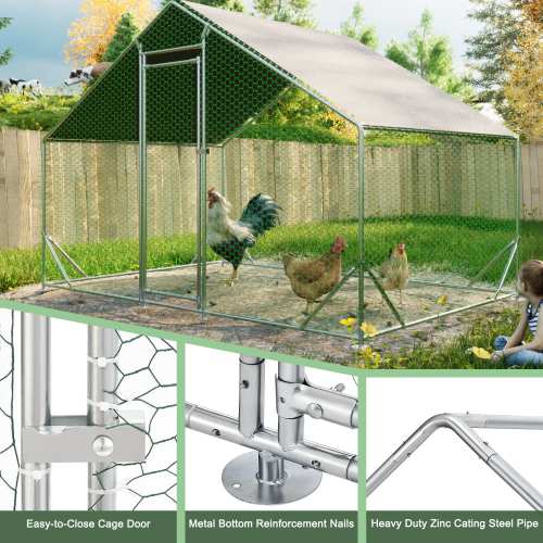 Large Metal Chicken Coop Walk-In Poultry Run with Waterproof UV Cover - Silver