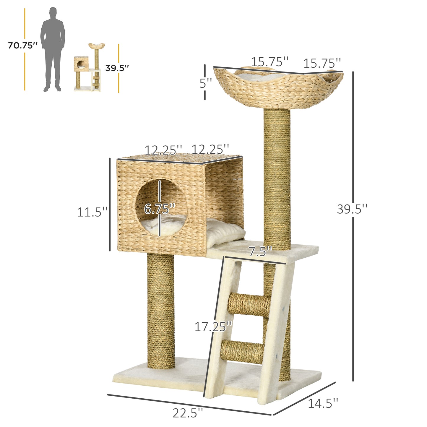 Indoor Cat Tree Tower with Rattan Condo and Washable Cushions - Natural Finish