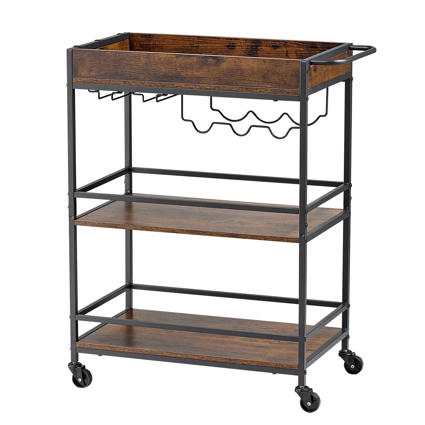Bar Cart with 3 Tiers - Rustic Industrial Rolling Serving Cart with Wine Rack & Glass Holder