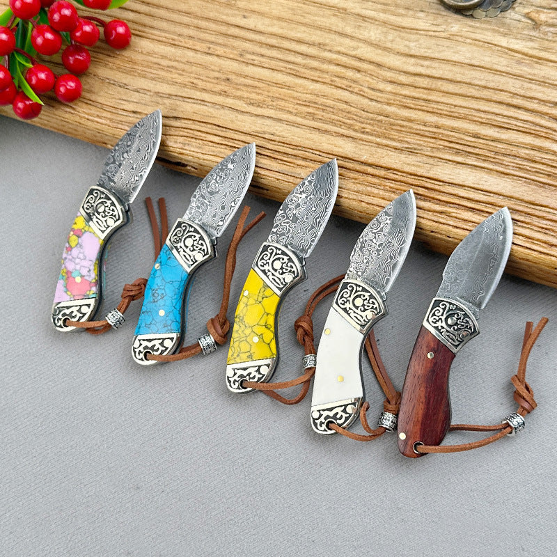 Mini Folding Knife with Damascus Steel Blade and Ox Bone Handle
