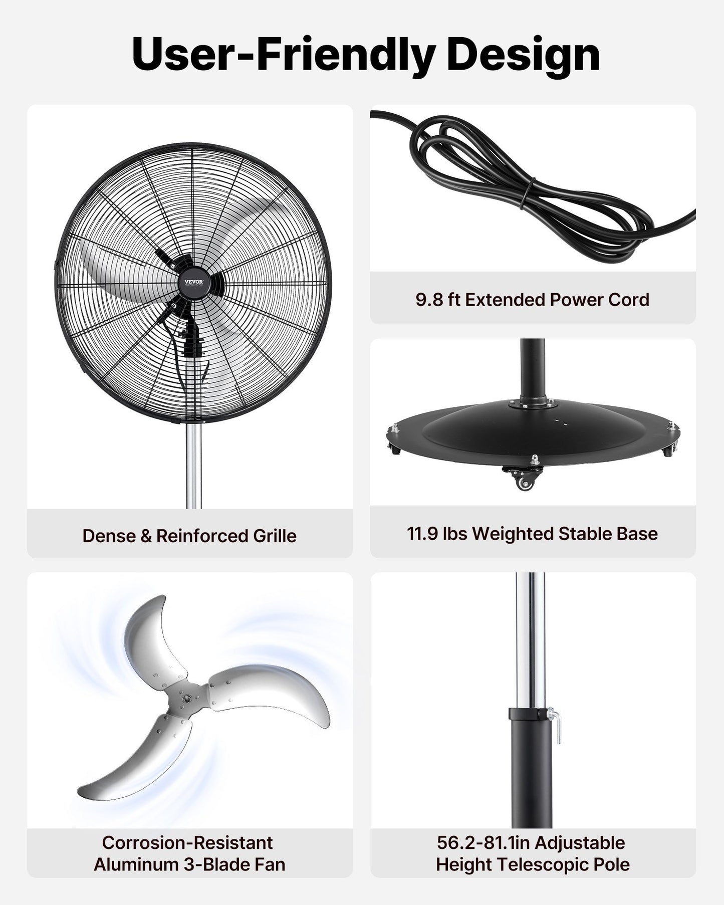 30-Inch Industrial Pedestal Fan with 9100 CFM, 3-Speed Oscillating Floor Fan, Waterproof, Black