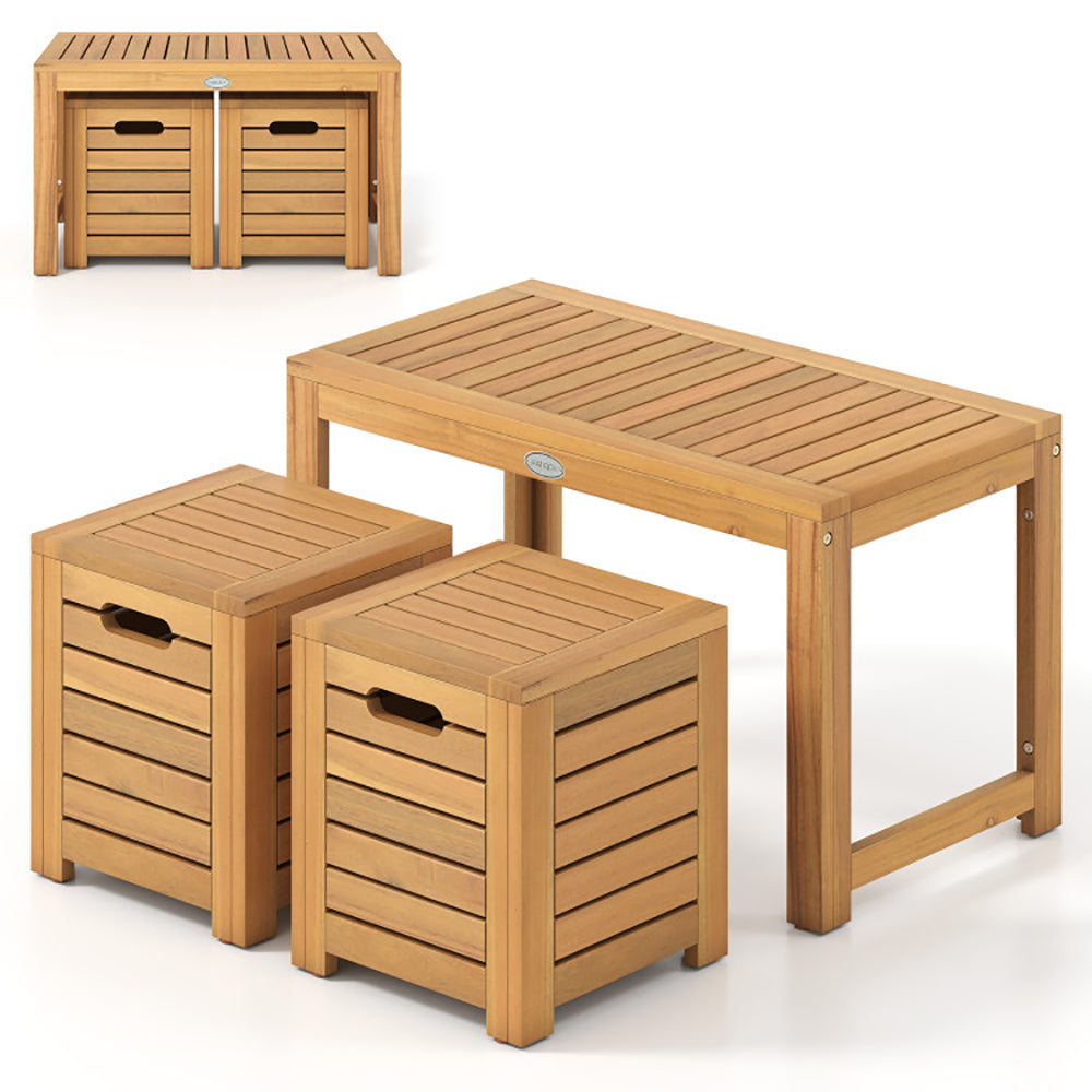 Acacia Wood Outdoor Coffee Table With Stools Set Of 2 3 Pieces Patio
