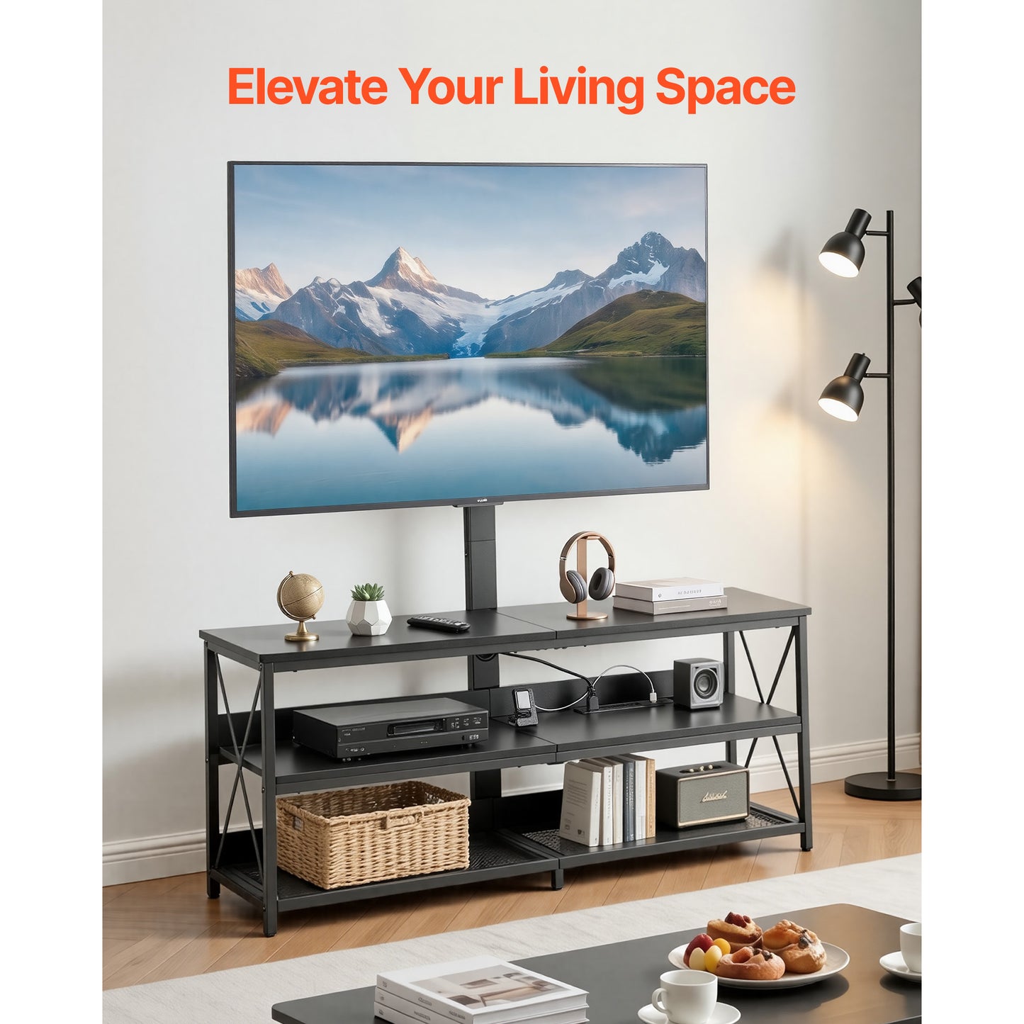 TV Stand with Mount & Power Outlet - 47.2 Inch Swivel Console for 32-75 Inch TVs, Adjustable Height, Open Storage Shelf, Black