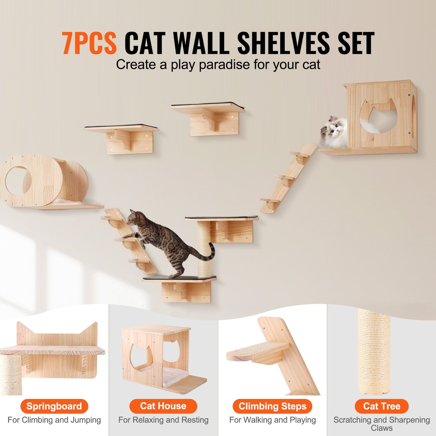 Wall Mounted Cat Shelves Tree Set with Jumping Boards Nests & Hammock - Natural
