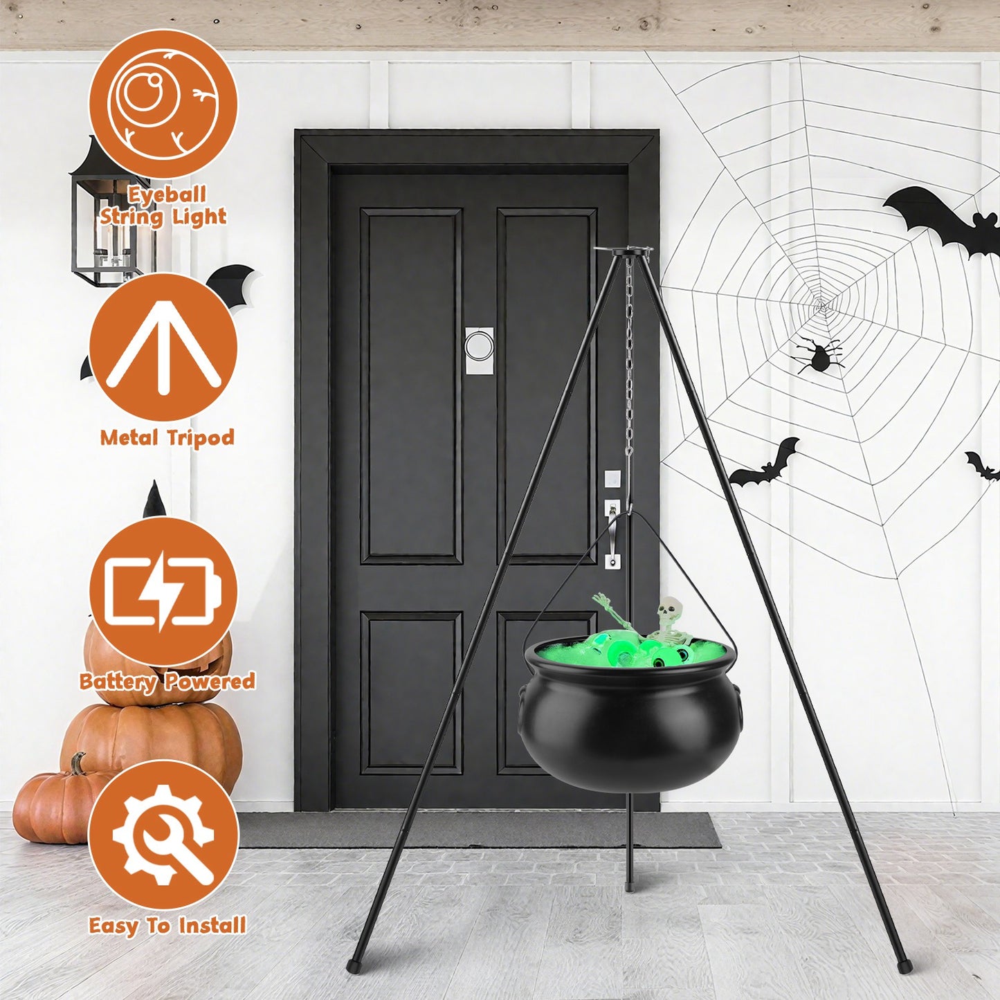 Halloween Witch Cauldron Decoration Set with Tripod & String Lights