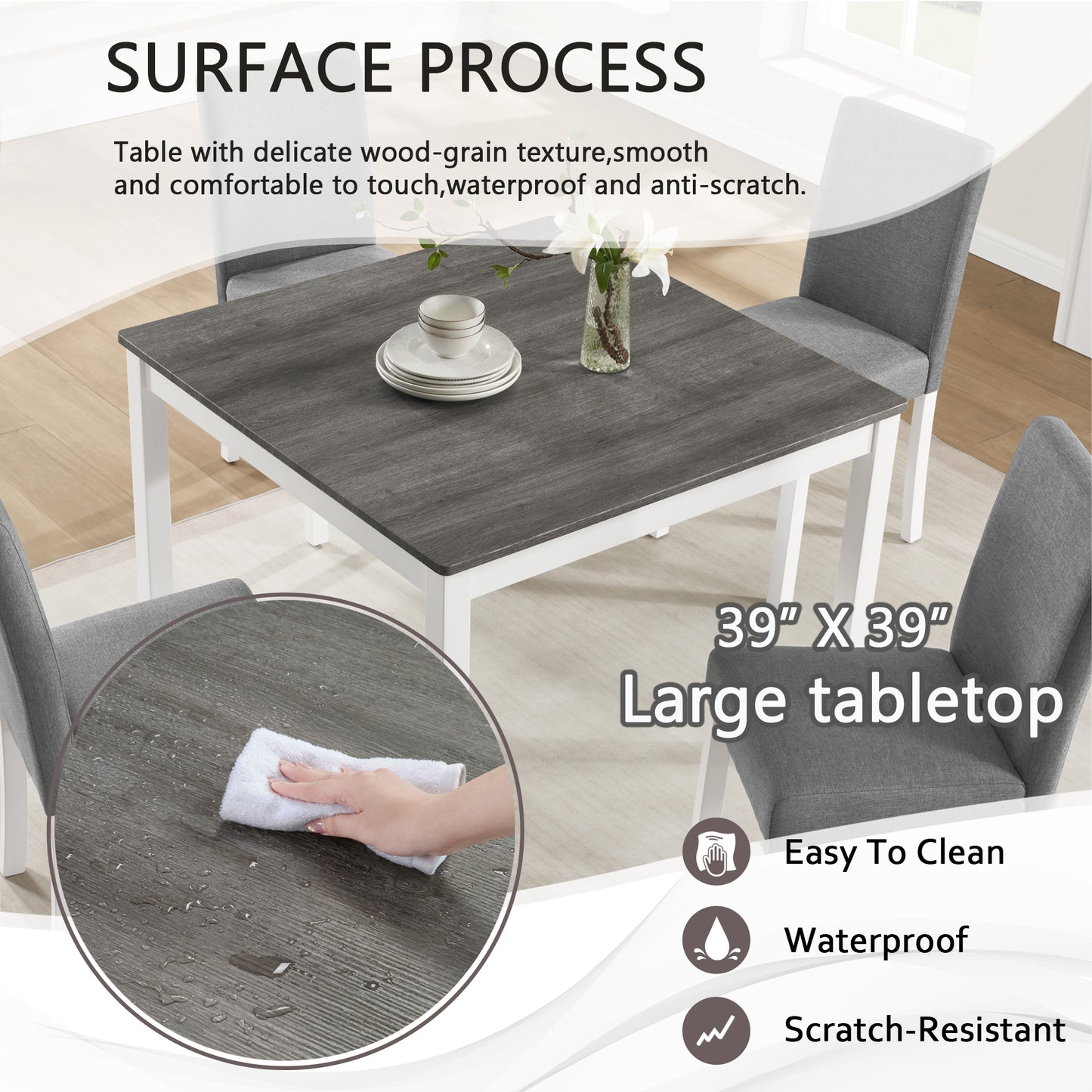 5-Piece Wooden Dining Table Set with 4 Chairs - Grey & White