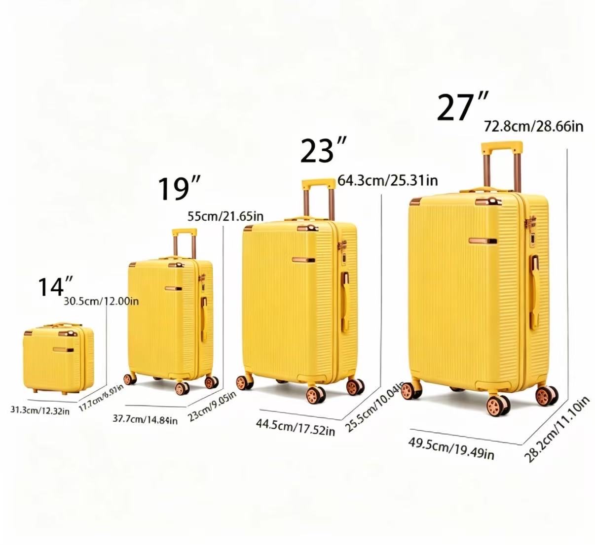 4-Piece Yellow Hard Luggage Set with 360° Rotating Wheels