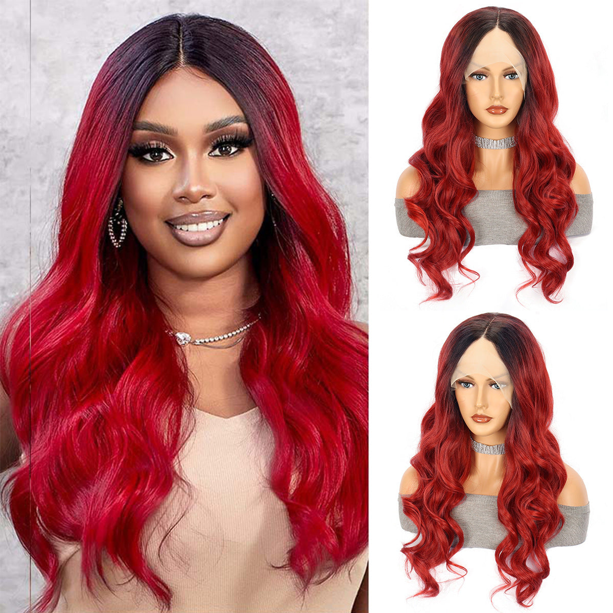 Wine Red Long Curly Synthetic Hair Wigs with Oblique Bangs - Cosplay Hair Cover