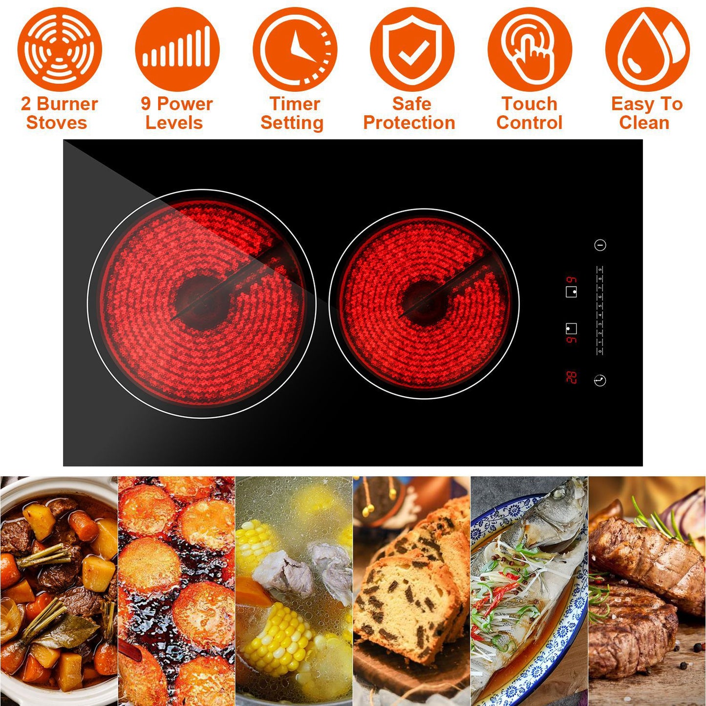 Dual Induction Electric Cooktop 1900W with Timer & Safety Features - Black