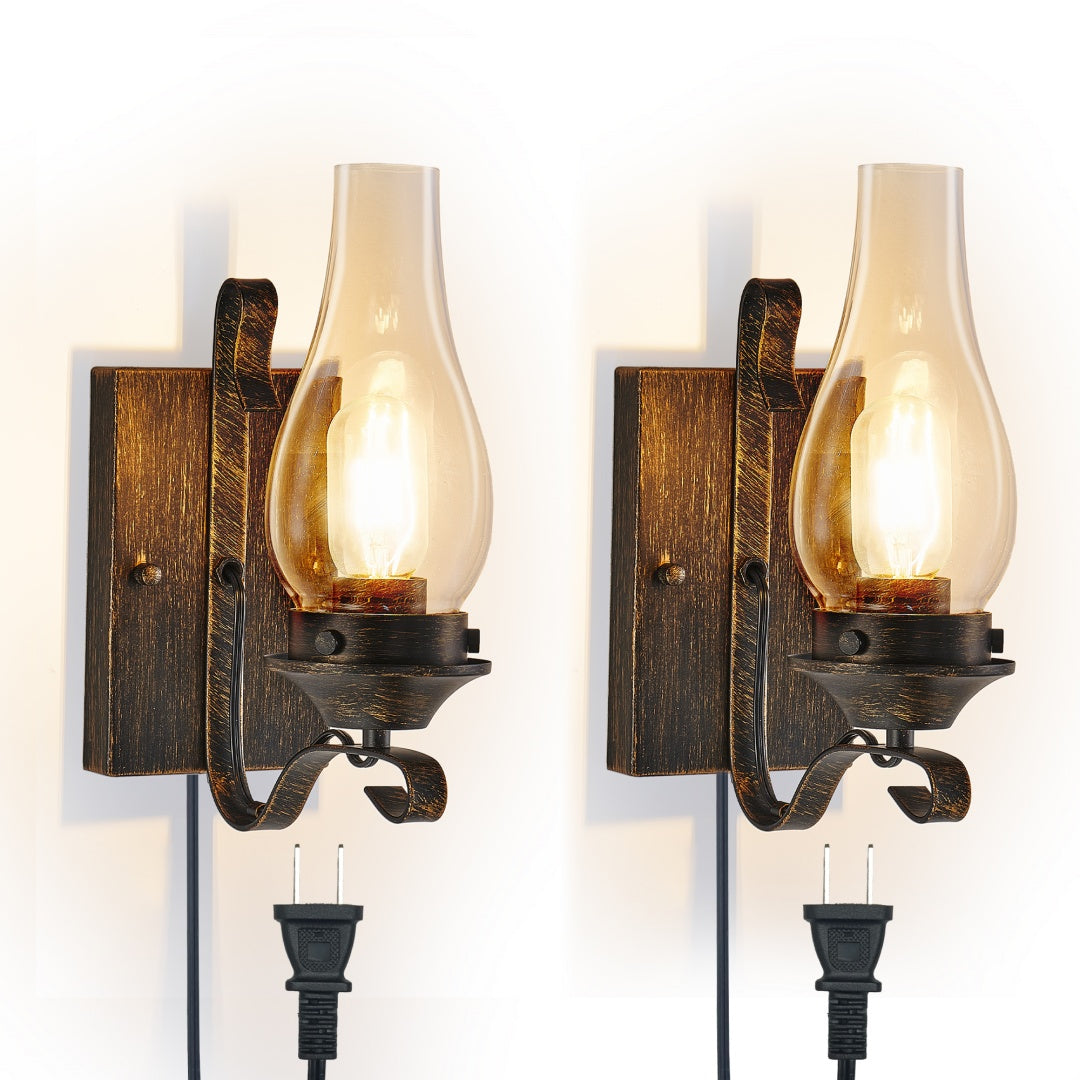 Rustic Farmhouse Wall Sconces Set of 2 - Vintage Plug-in Lights