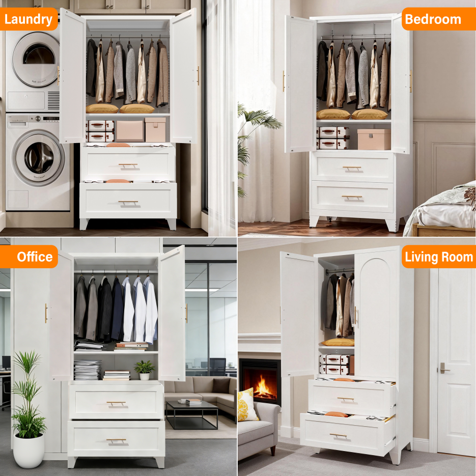 71-Inch Tall Metal Wardrobe Cabinet with 2 Drawers and Shelf - White