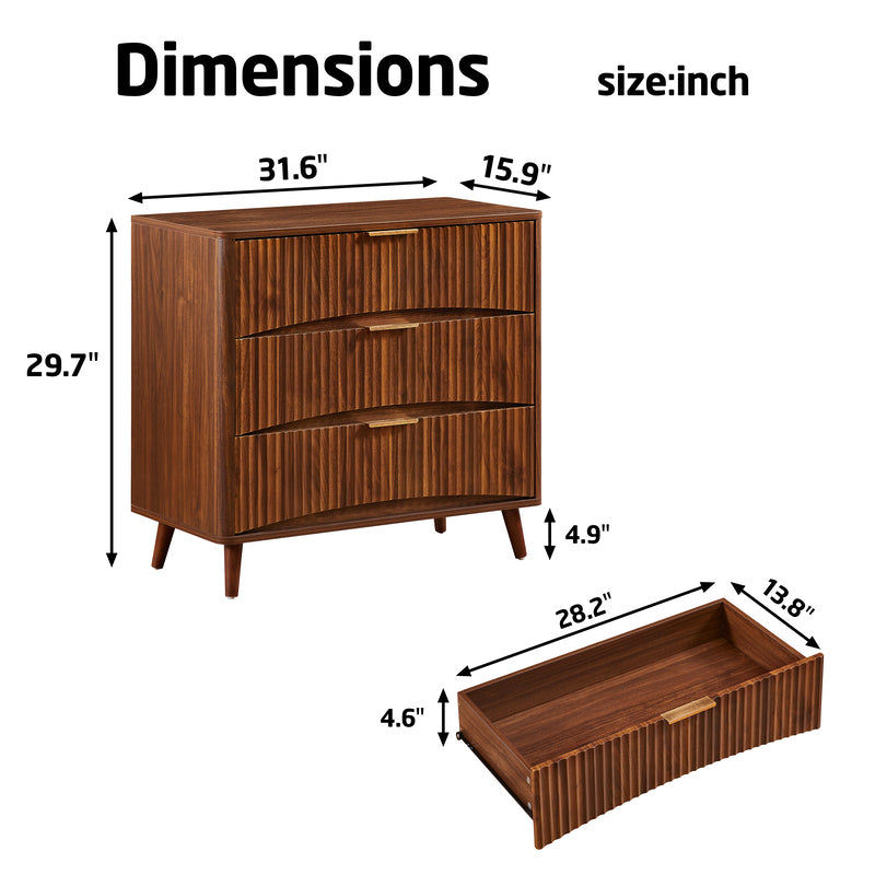 Mid-Century Modern 3-Drawer Dresser - Fluted Walnut Chest