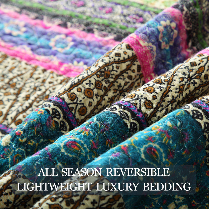 Bohemian Reversible Cotton Quilt Bedspread Set - All Season Lightweight Bedding