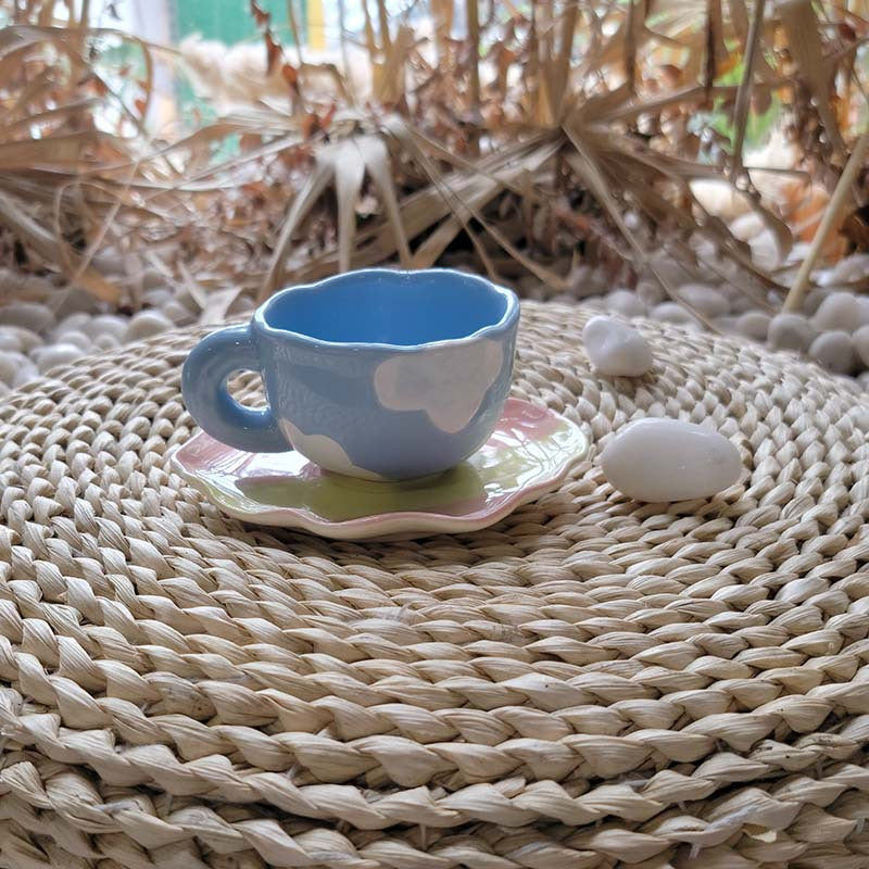 Hand Painted Blue Sky & Cloud Coffee Cup and Saucer - Porcelain Drinkware