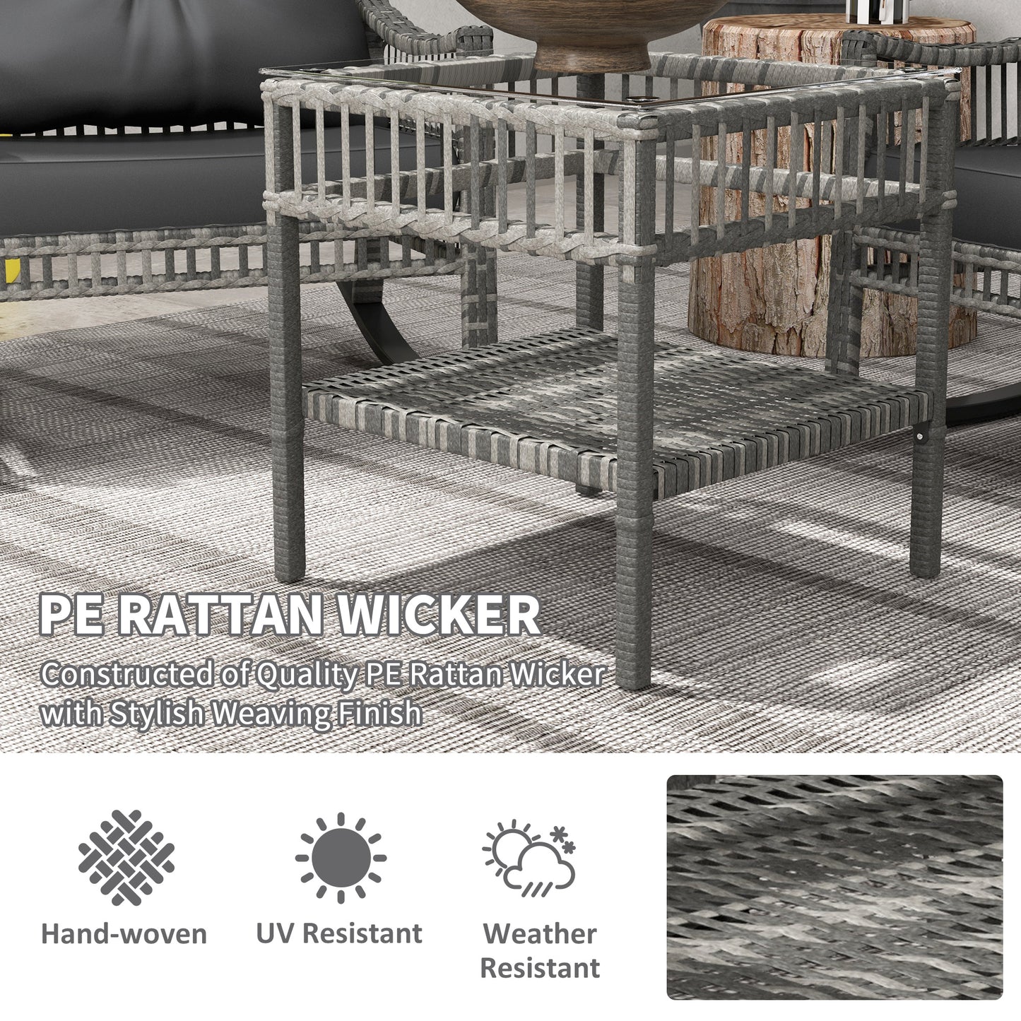3-Piece Outdoor Rattan Rocker Chair Set with Glass Table - Gray
