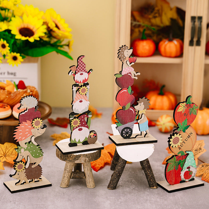 Harvest Season Wooden Christmas Ornaments Set - Hedgehog, Pumpkin, Apple & Doll Styles