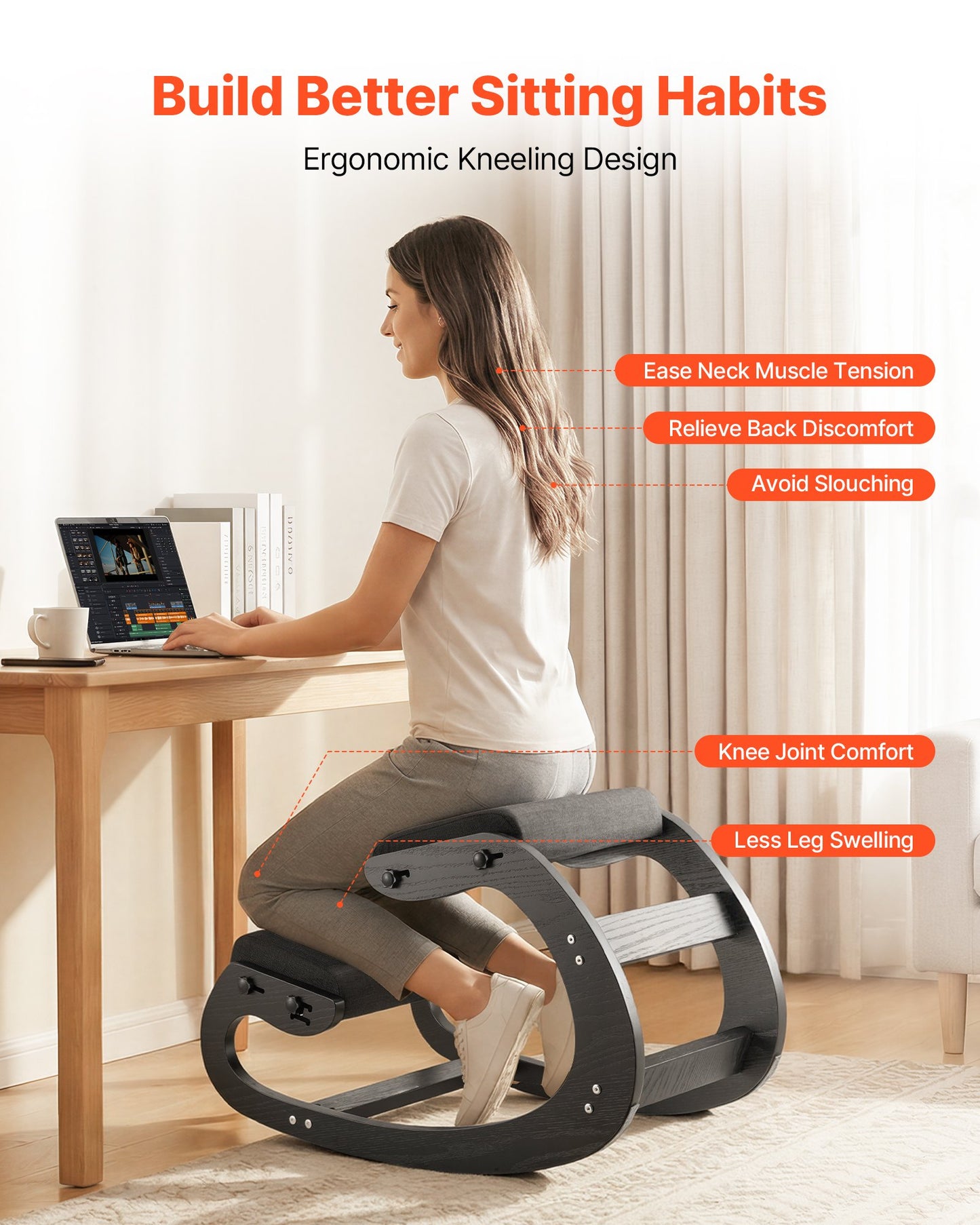 Ergonomic Kneeling Chair with Adjustable Foam Cushions and Wooden Frame - Black