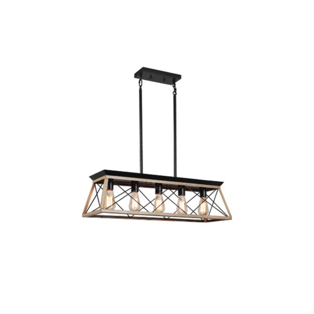 32-Inch Oak Industrial 5-Light Pendant Chandelier - Adjustable