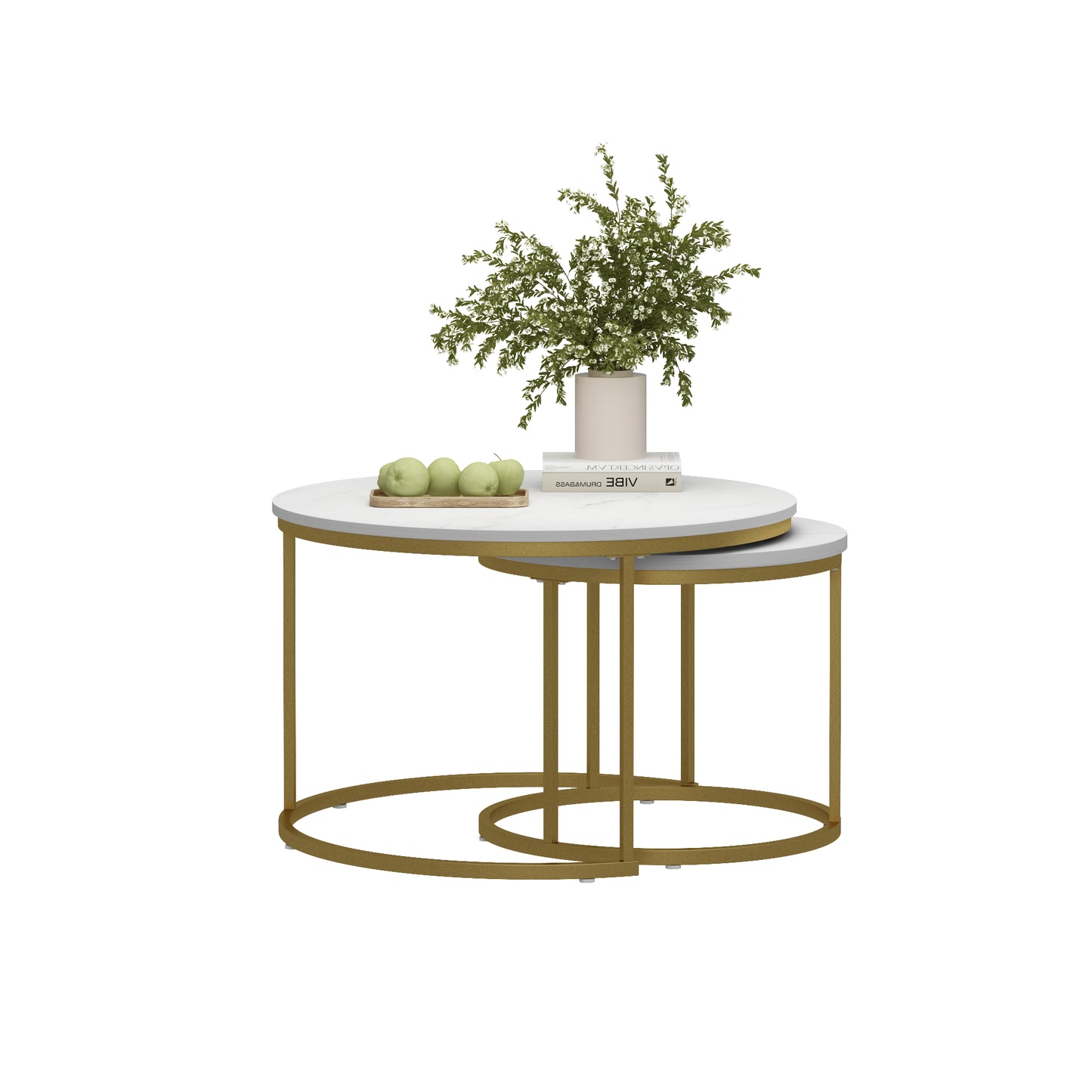 Nesting Coffee Table Set of 2 - Round Wood Marble Pattern - White+Gold