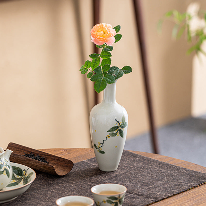 Ceramic Table Flower Ornament with Hydroponic Design - Porcelain Vase, Beauty Osmanthus