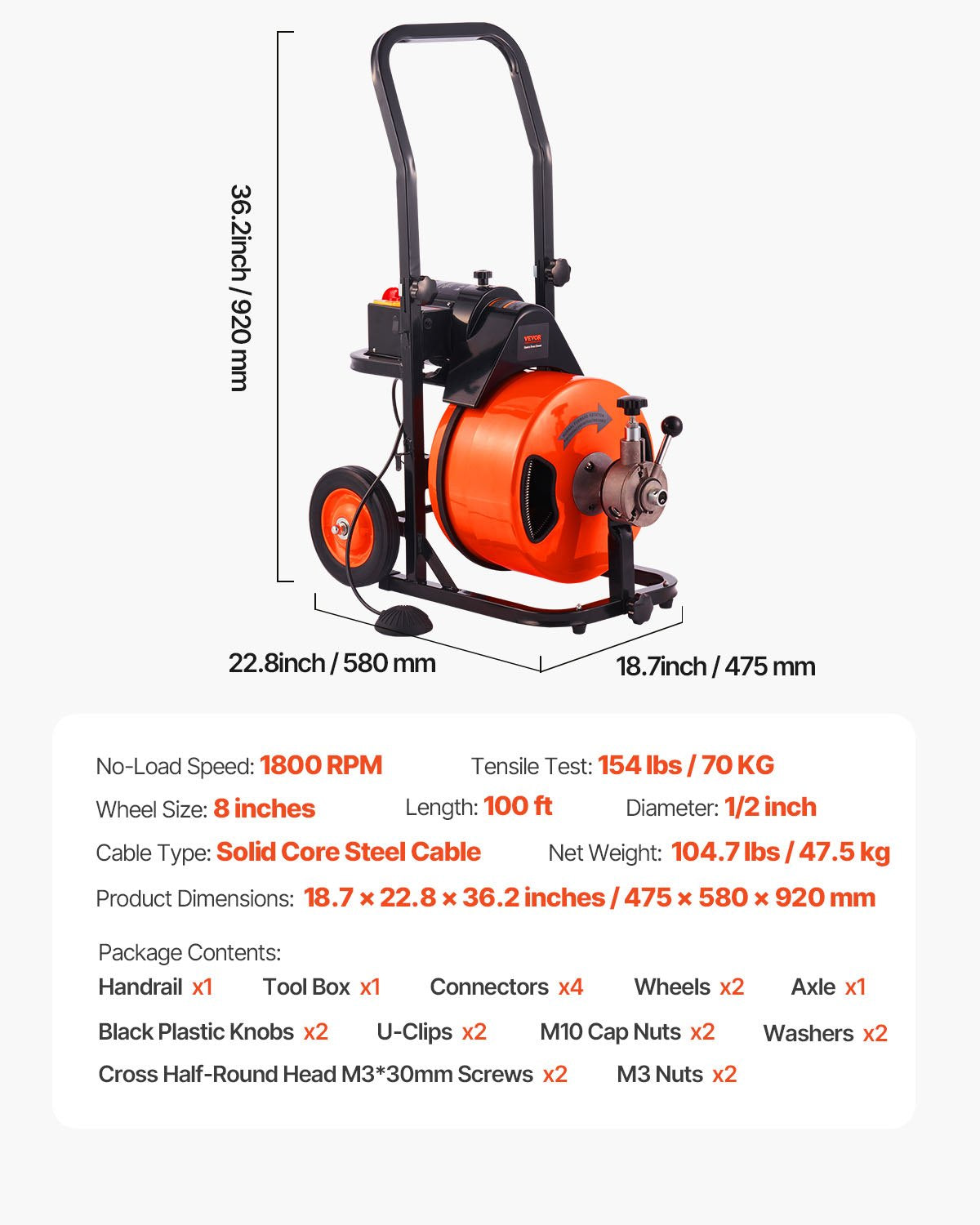 Drain Cleaner Machine 100 FT x 1/2 Inch Sewer Snake Auger with Wheels