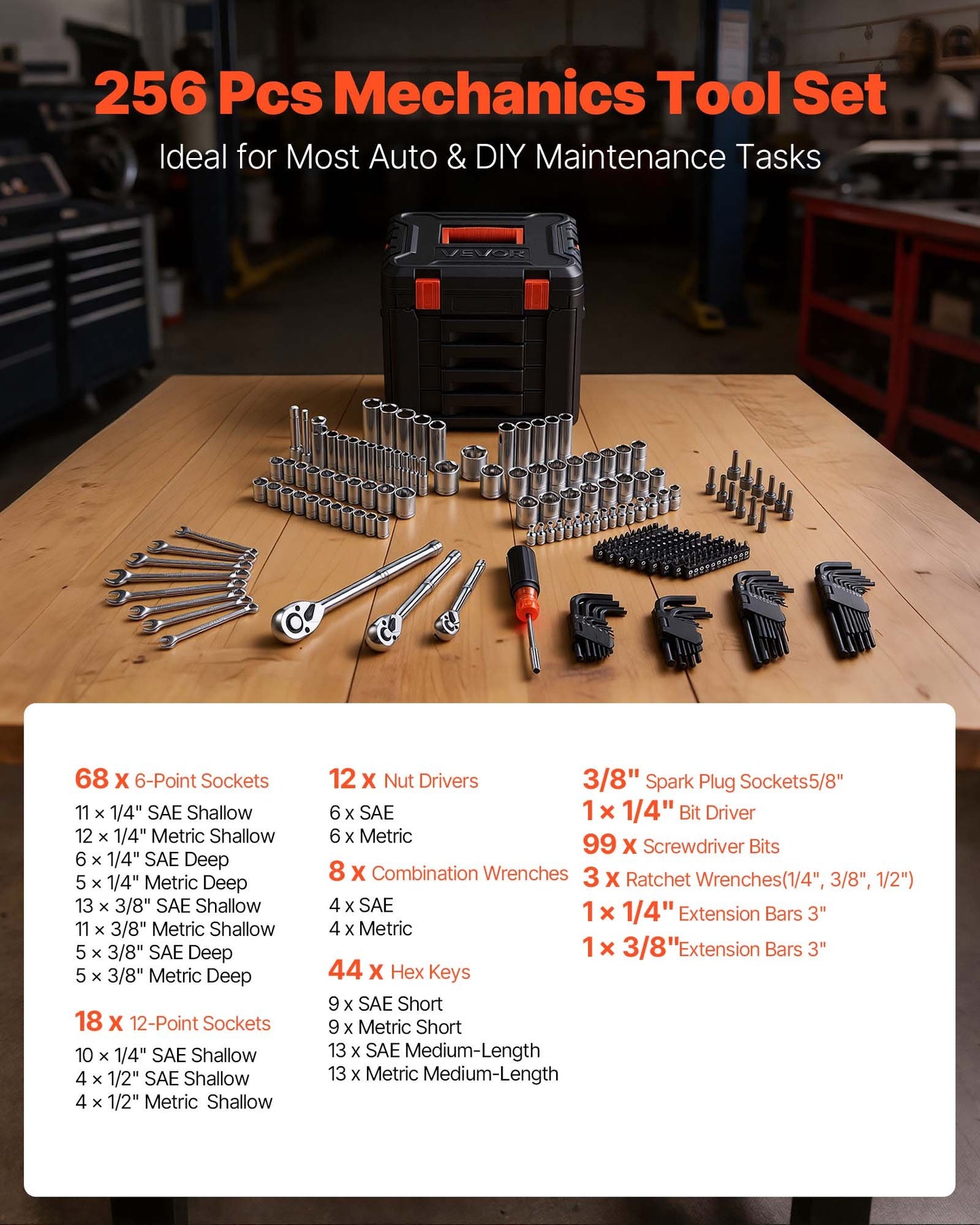 256-Piece Mechanic Tool Set with Socket Wrenches & Storage Case - SAE & Metric