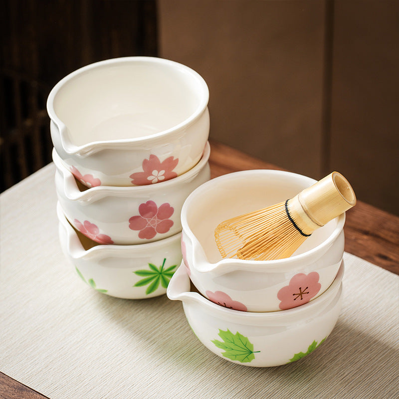 Ceramic Matcha Bowl Set Japanese Style Flower Pattern Home Barware
