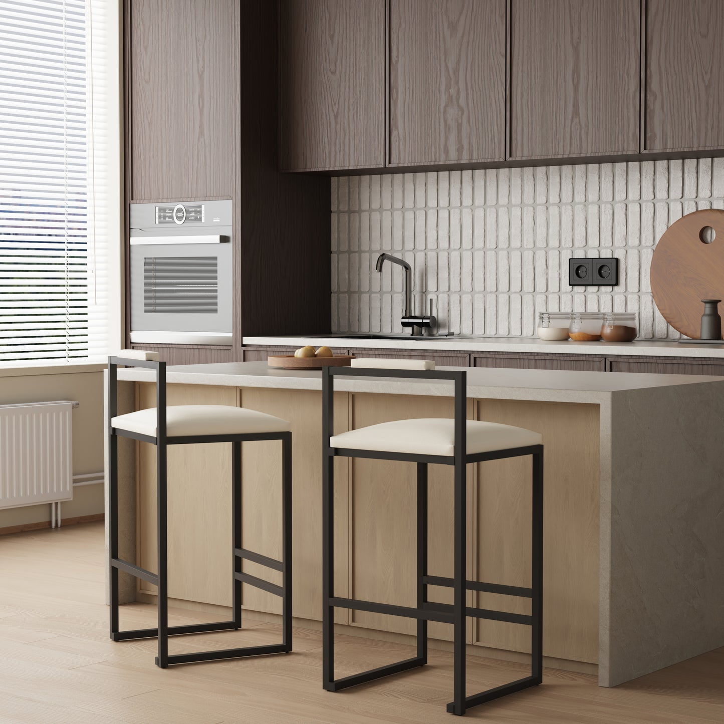 Set of 2 Modern Faux Leather Bar Stools - Beige
