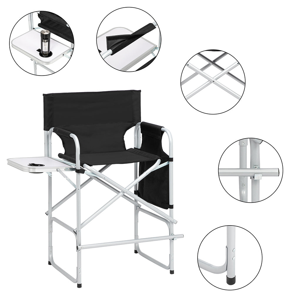 Folding Director's Chair with Footrest and Storage - Black