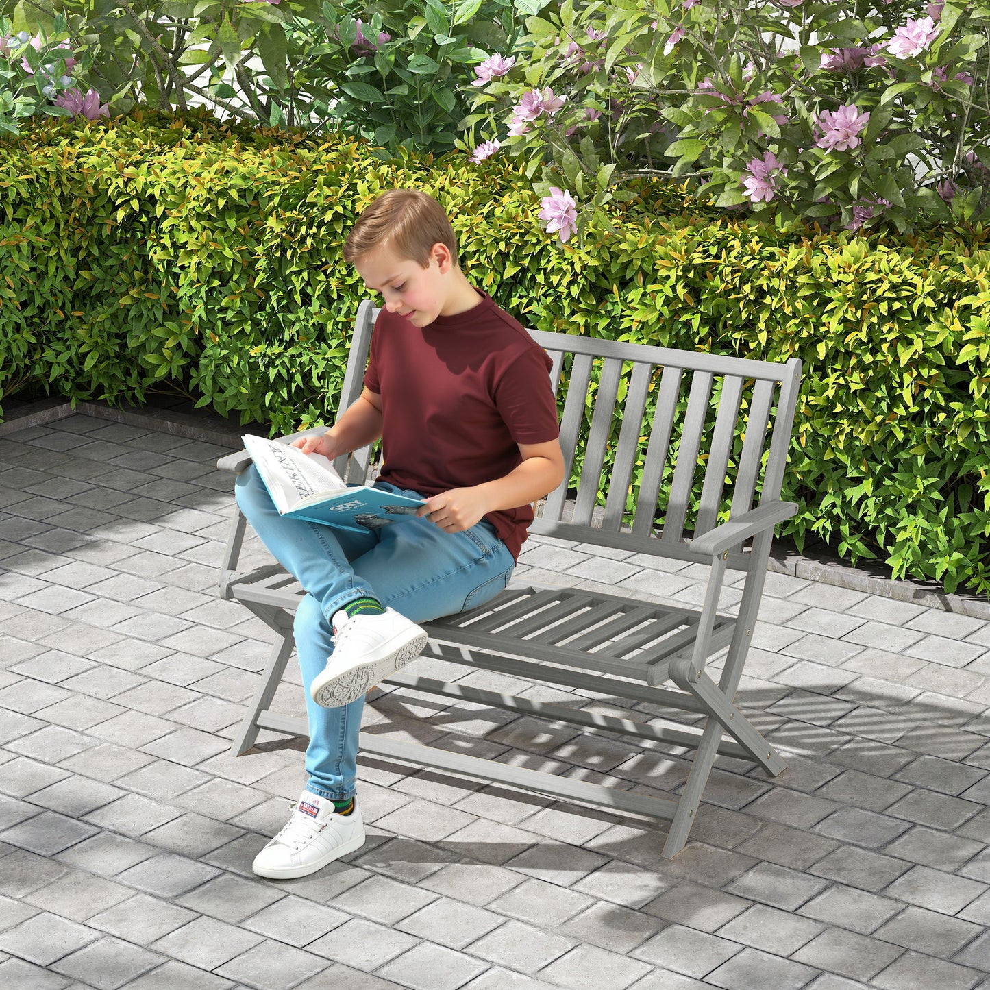 Foldable Wood Outdoor Bench with Backrest - Gray