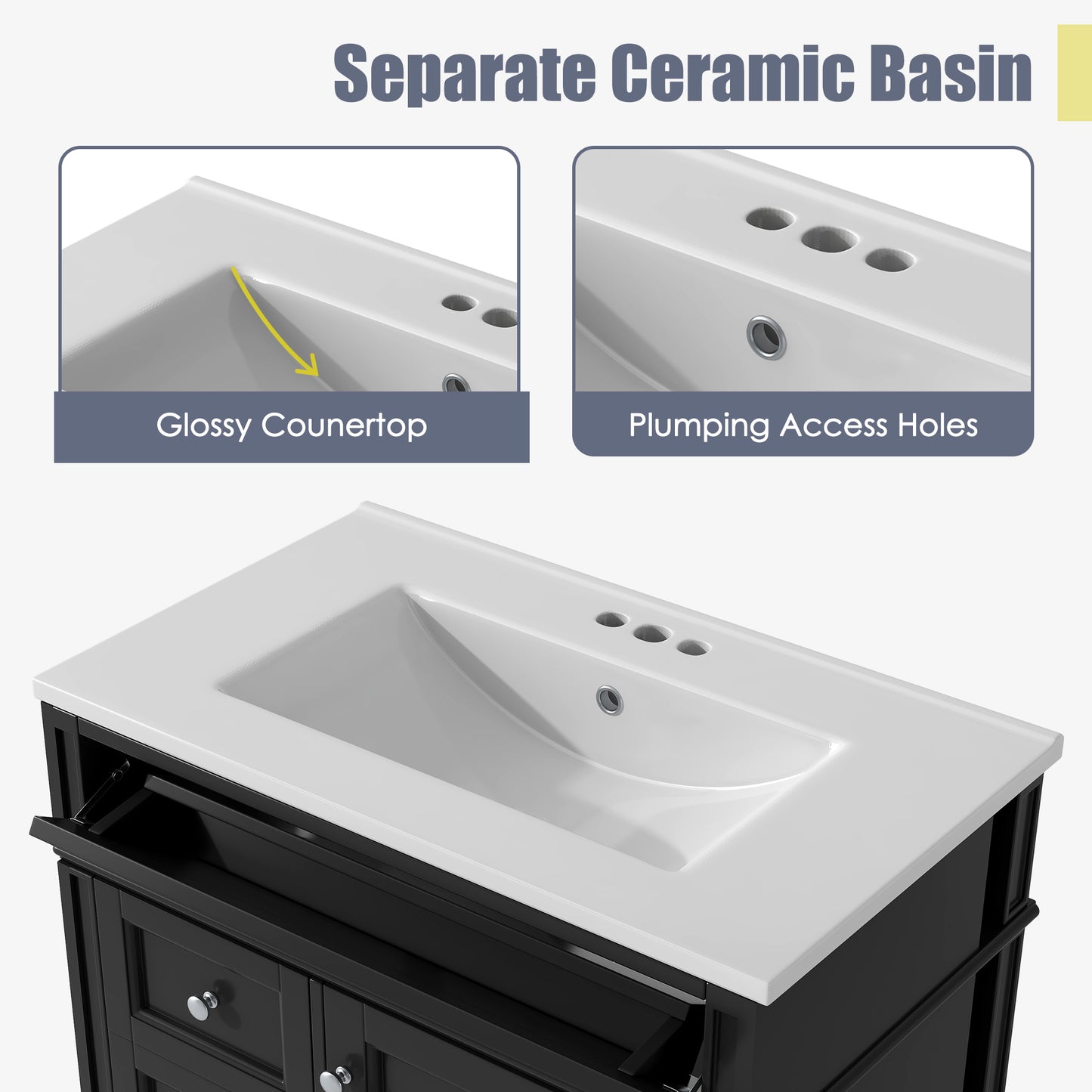 30'' Modern Bathroom Vanity with Ceramic Sink and Storage - Black