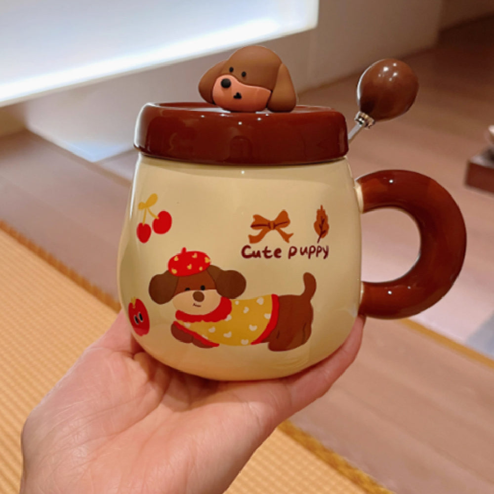 Cartoon Sausage Dog Mug with Lid and Spoon - Ceramic Water Cup, 350ML