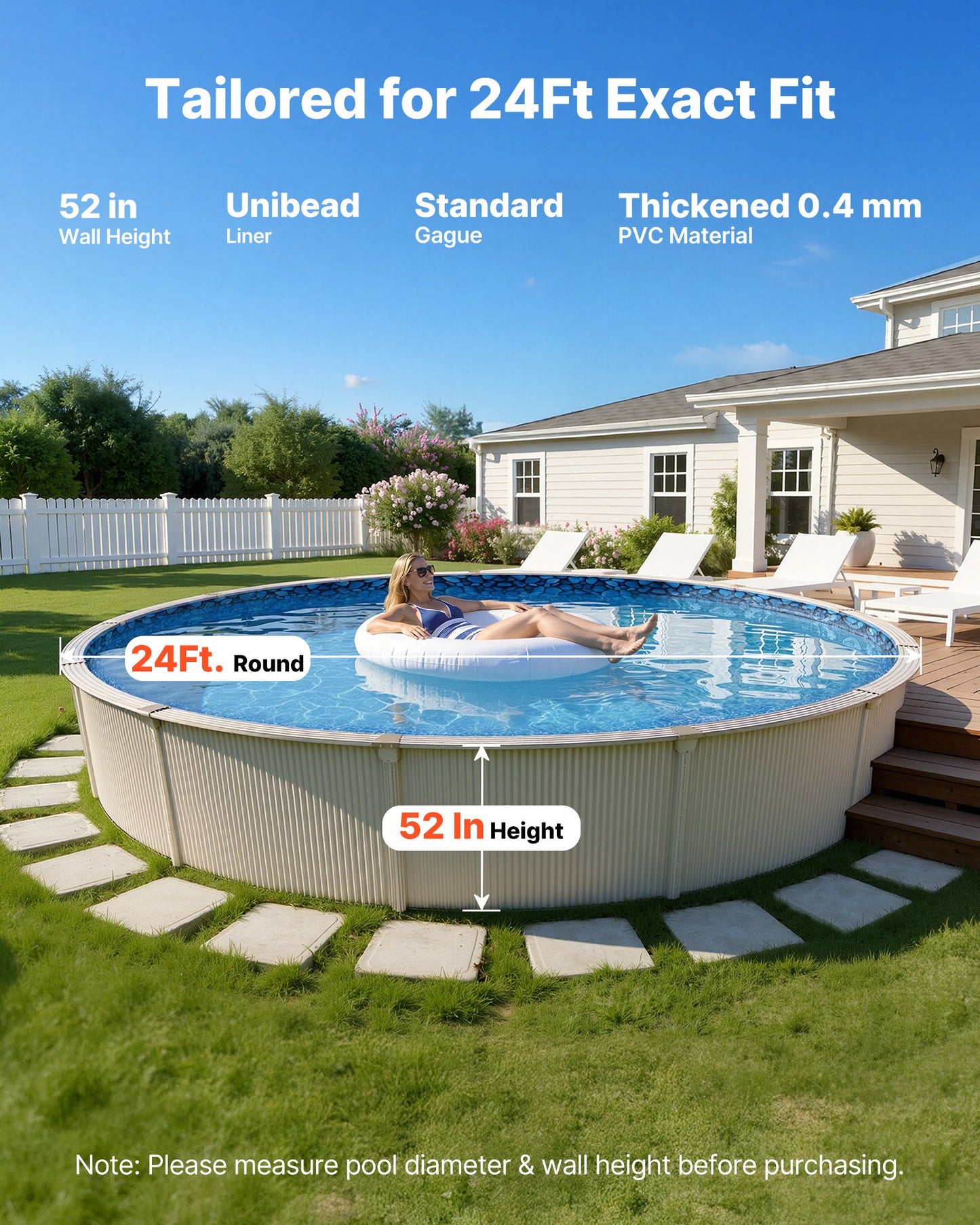 24ft Round Pool Liner for Above-Ground Steel Sided Pools - Premium Vinyl, Easy Install, Leak-Proof Patches
