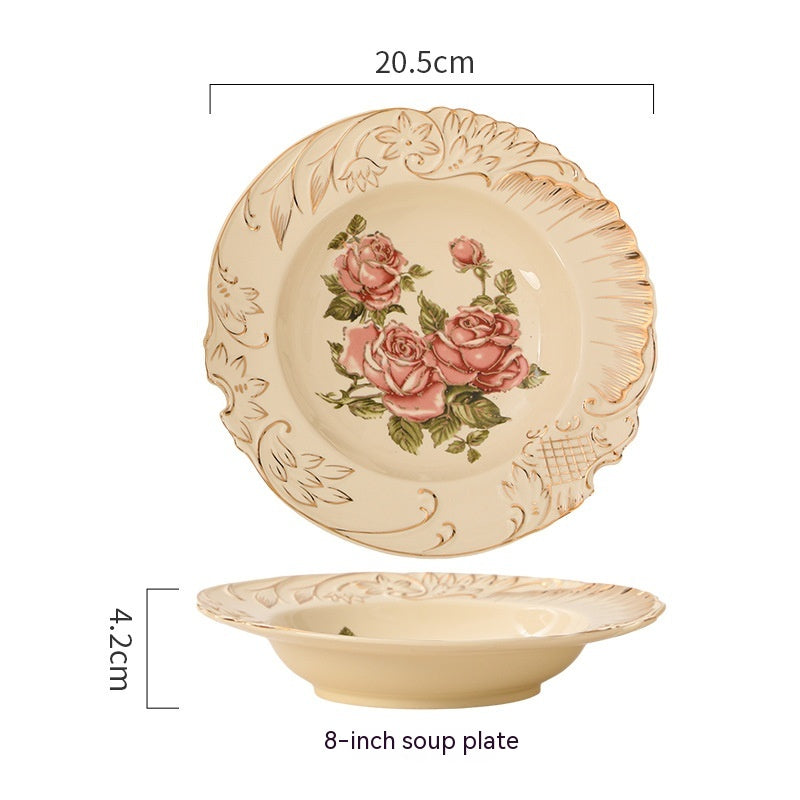 European-Style Ceramic Rice & Soup Bowls Set of 2 - Flower Pattern, Retro Kitchen Tableware