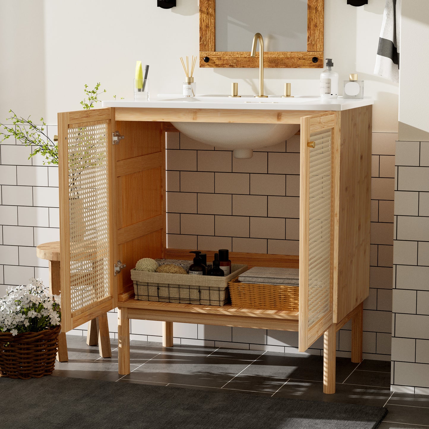 30-Inch Bathroom Vanity with Handmade Rattan Doors - Wood