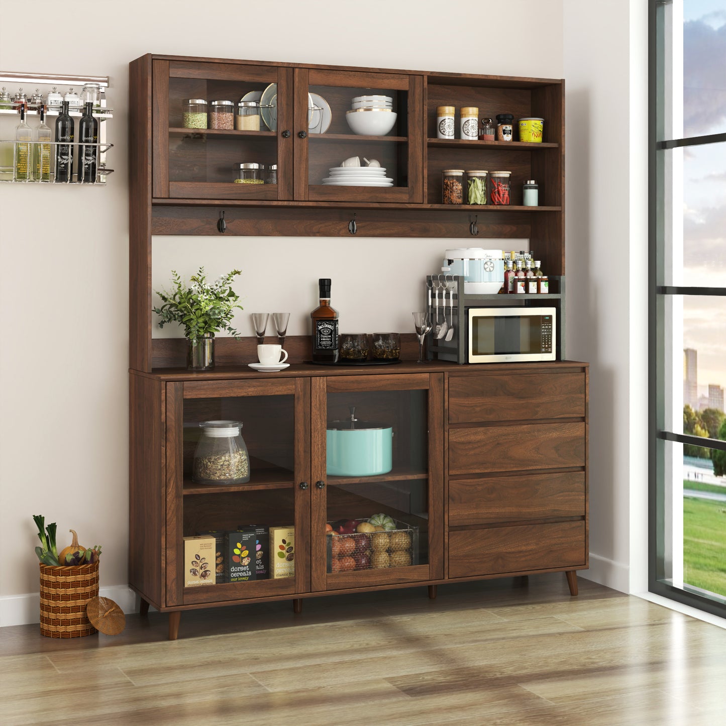 63" Large Freestanding Kitchen Hutch Cabinet with 4 Doors & Drawers - Walnut