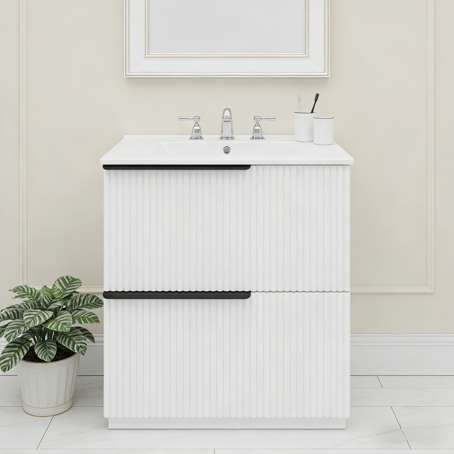 30" Bathroom Vanity with Ceramic Sink & Full-Extension Drawers - White