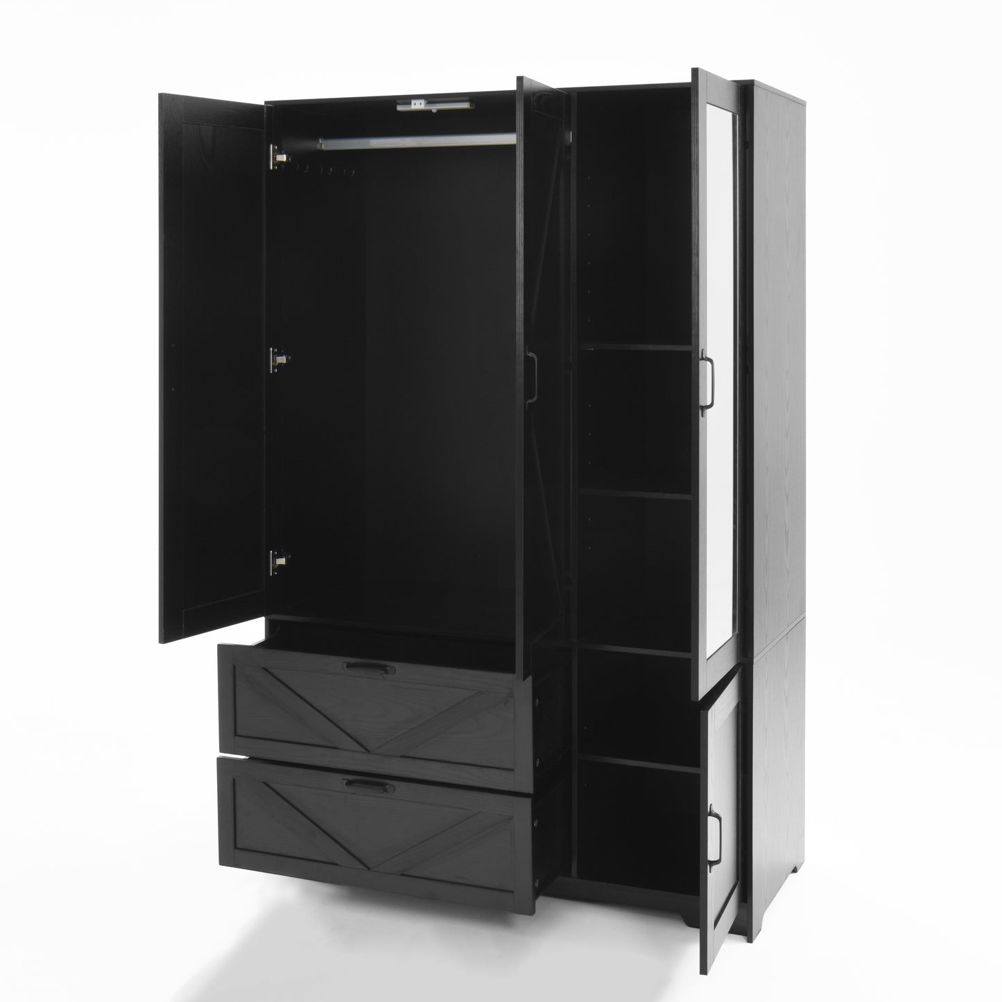 Black 4-Door Wardrobe Closet with Mirror & LED Lighting