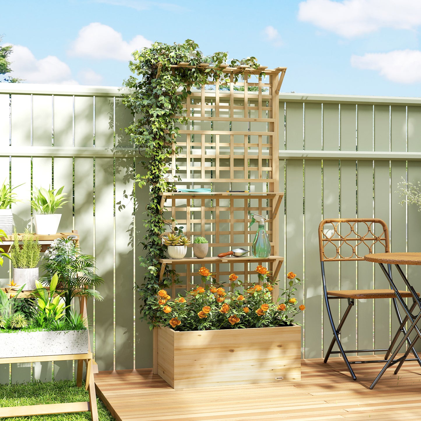 Wooden Raised Garden Bed with Trellis and Roof - Natural Wood, 850x380x260 mm
