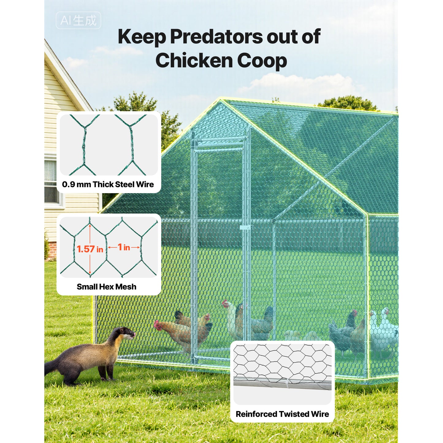 Large Metal Chicken Coop with Waterproof Cover & Lock - Walk-In Poultry Enclosure, 9.8x26.2x6.6 Ft