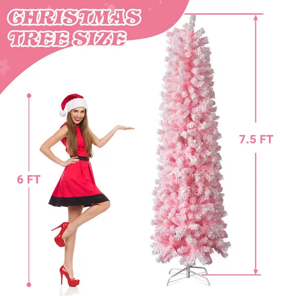7.5 FT Snow Flocked Artificial Christmas Tree - Pink Pencil Design