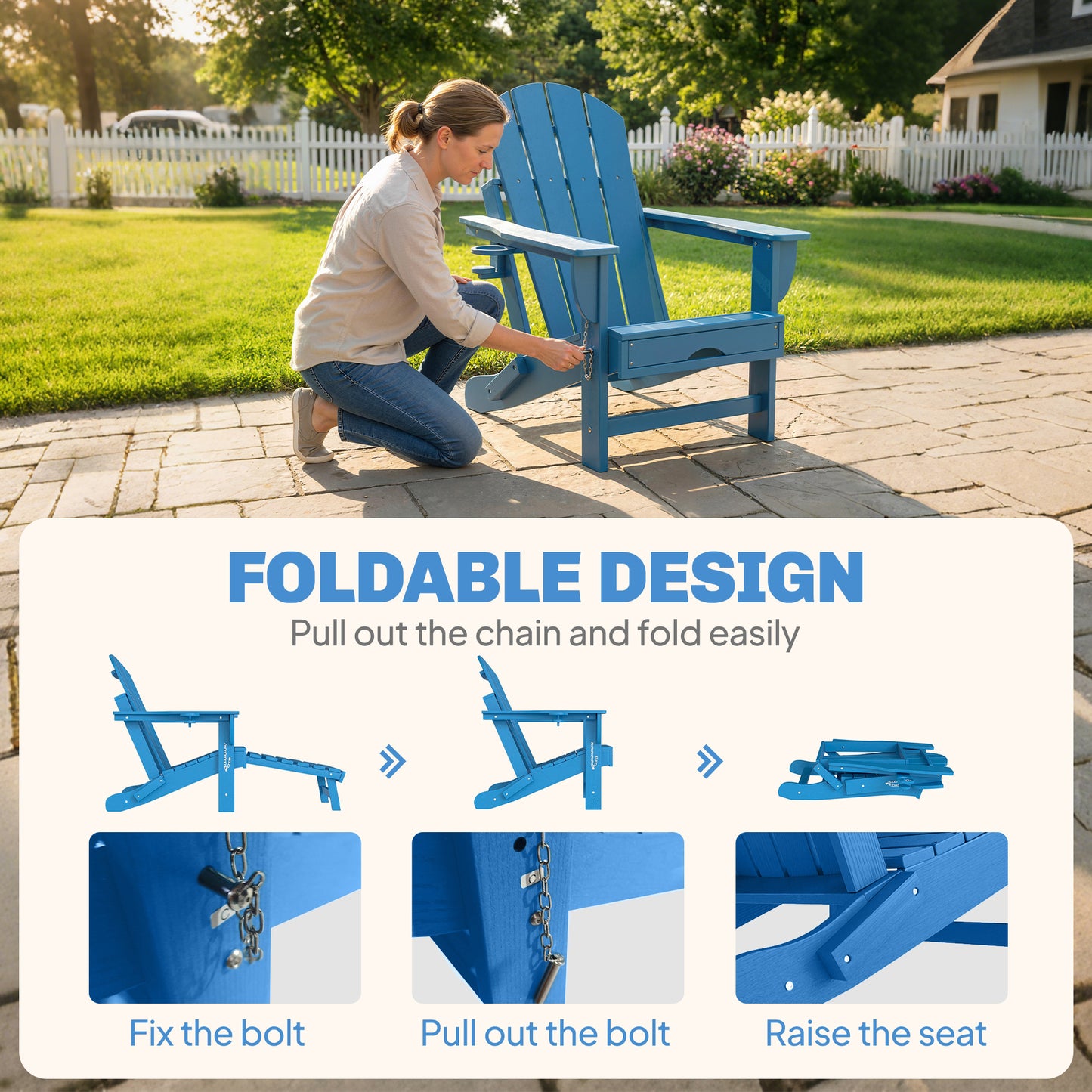Folding Adirondack Chair Set of 2 with Ottoman & Cup Holder - Blue