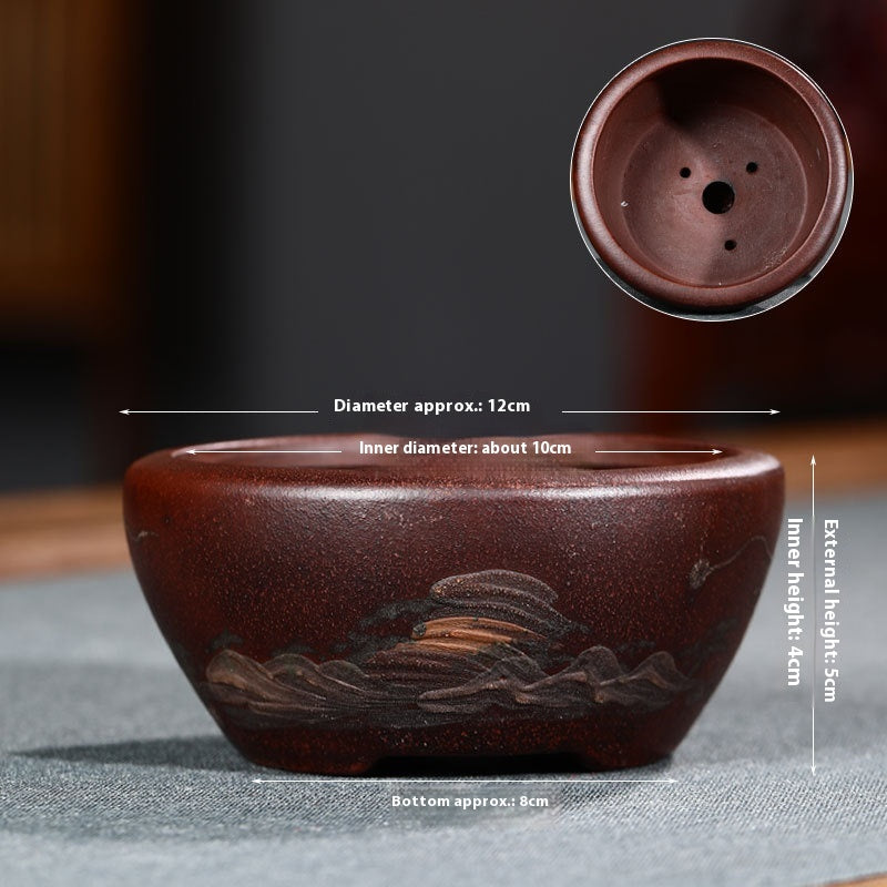 Purple Clay Flowerpot with Chinese Style Design Small Round & Square Options