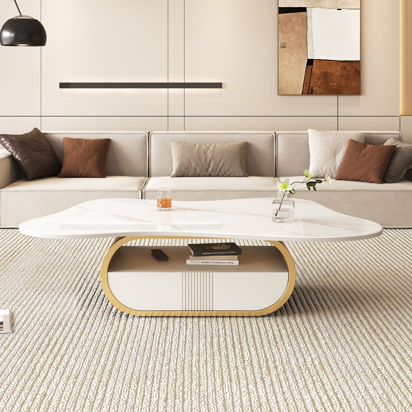 Modern Butterfly Coffee Table with Sintered Stone Top - Gold & White