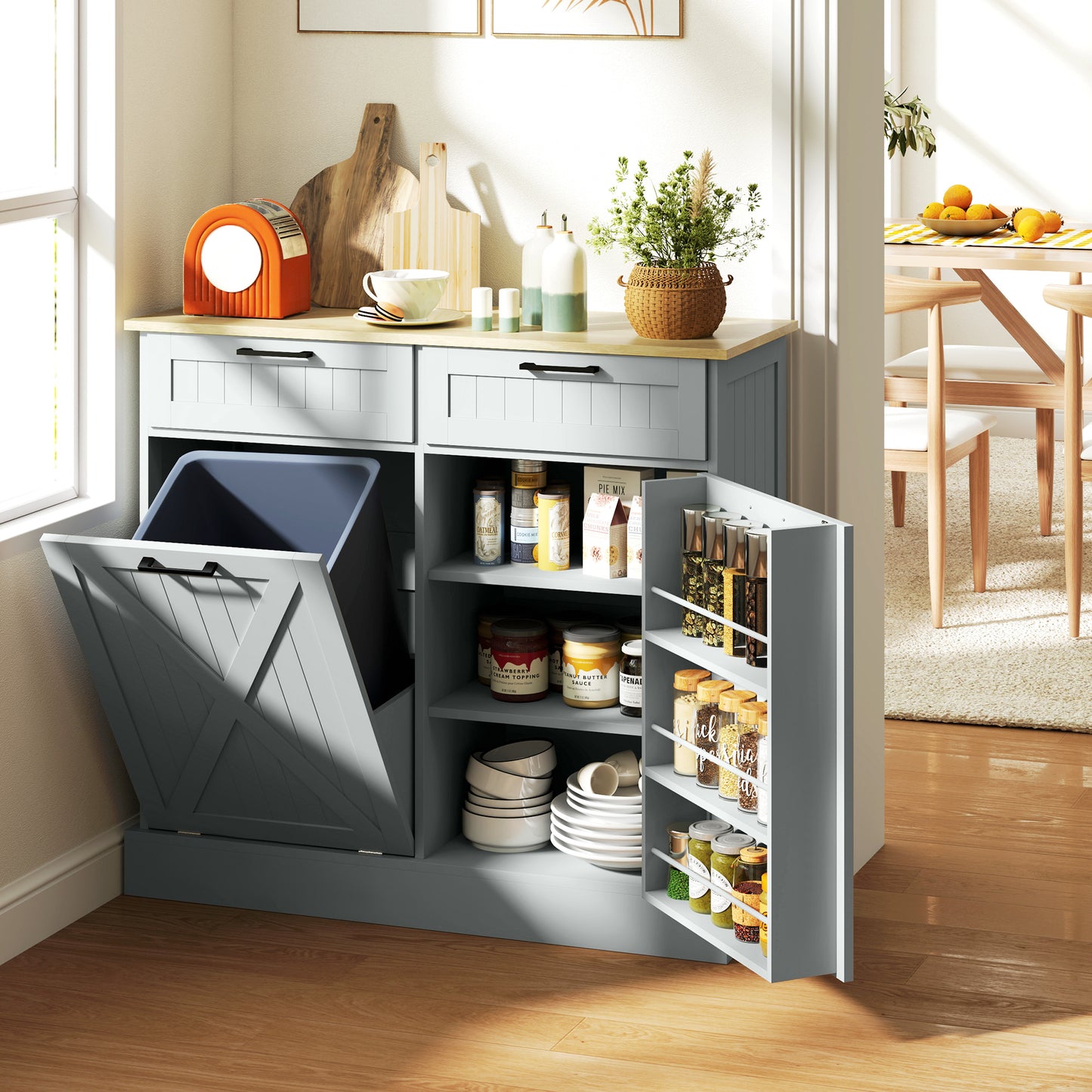 Farmhouse Tilt-Out Trash Can Cabinet with 2 Drawers - Gray